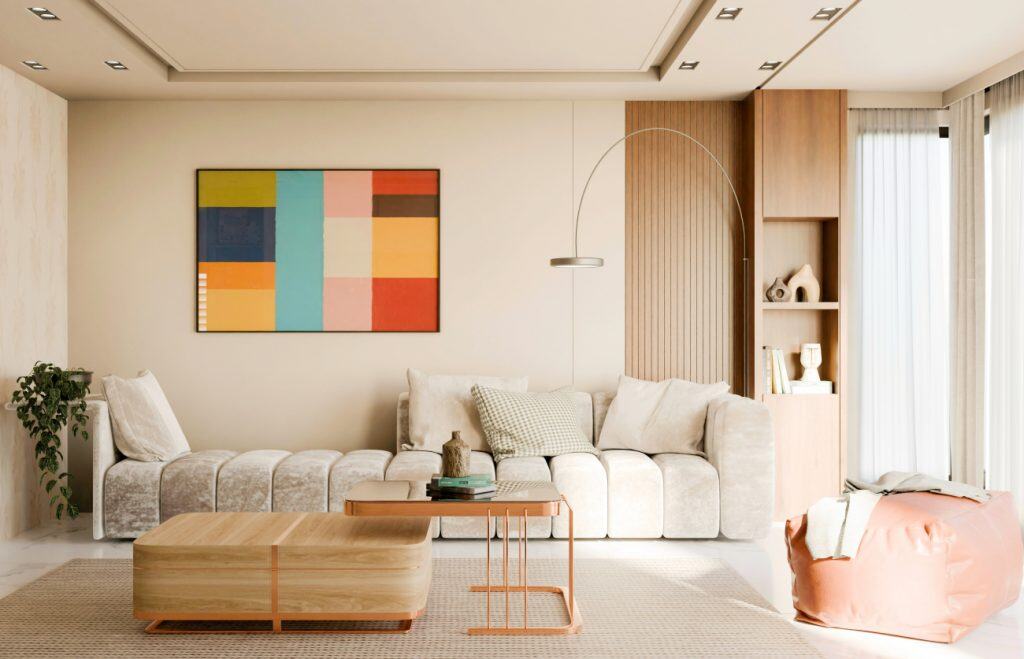 Neutral-toned modern living room with diy geometric canvas, plush sofa, wooden coffee table, and contemporary art for stylish decorating on a budget.