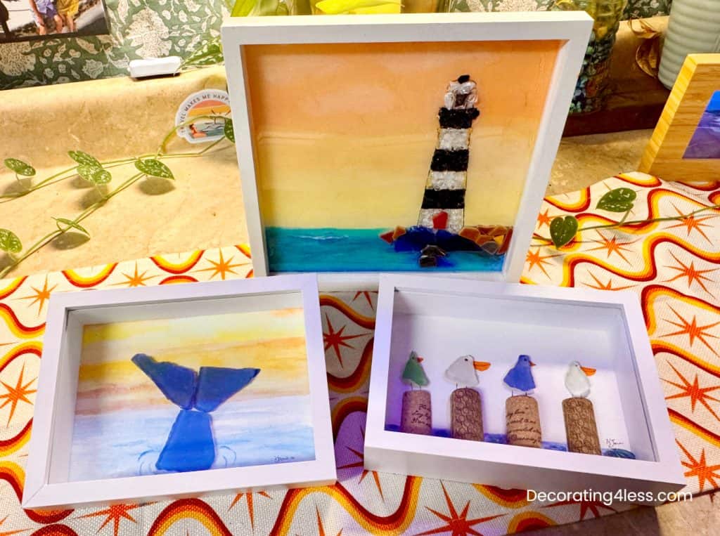 sea glass lighthouse, birds, whale tail wall art diy projects