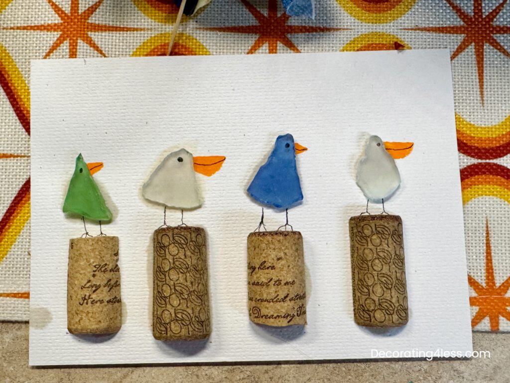 sea glass birds on wine cork pilons wall art diy