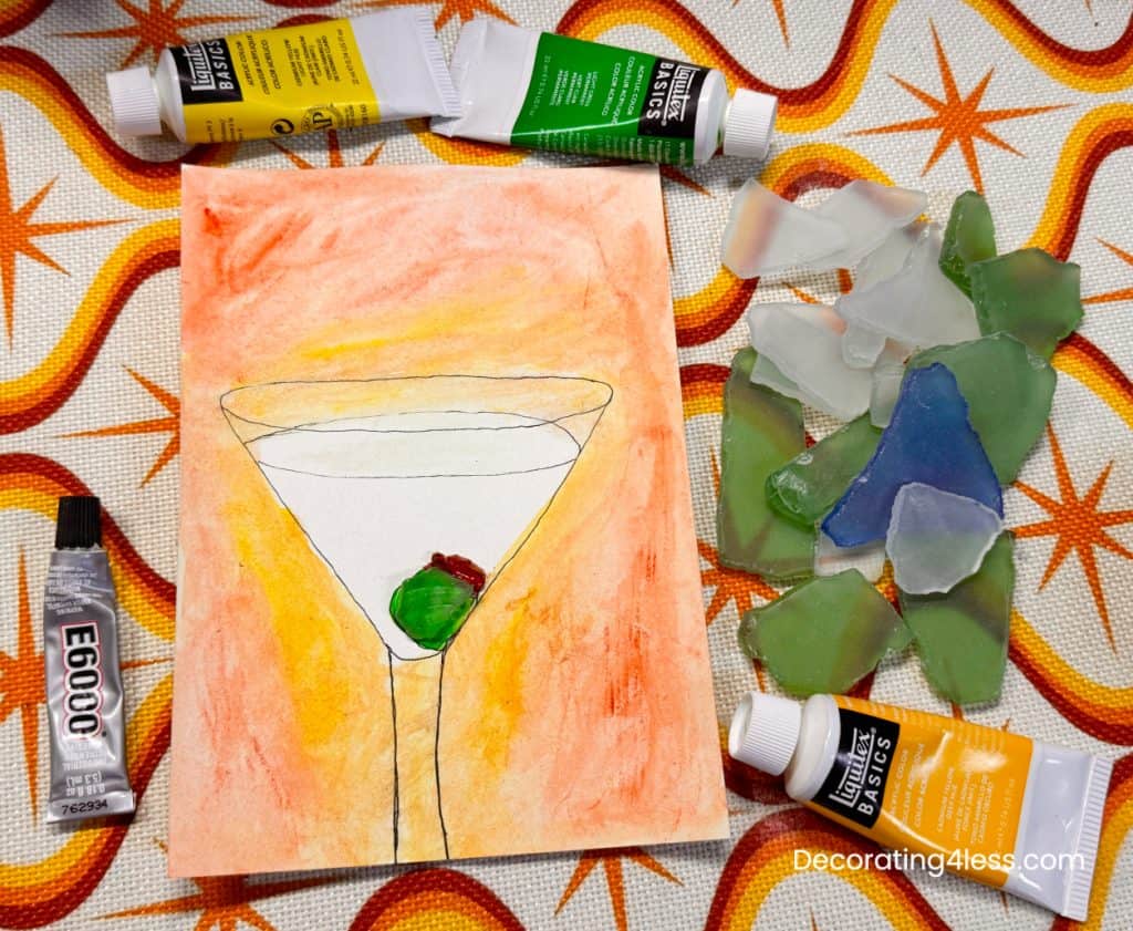 materials for sea glass wall art how to project acrylic paint, paper, sea glass, brushes.