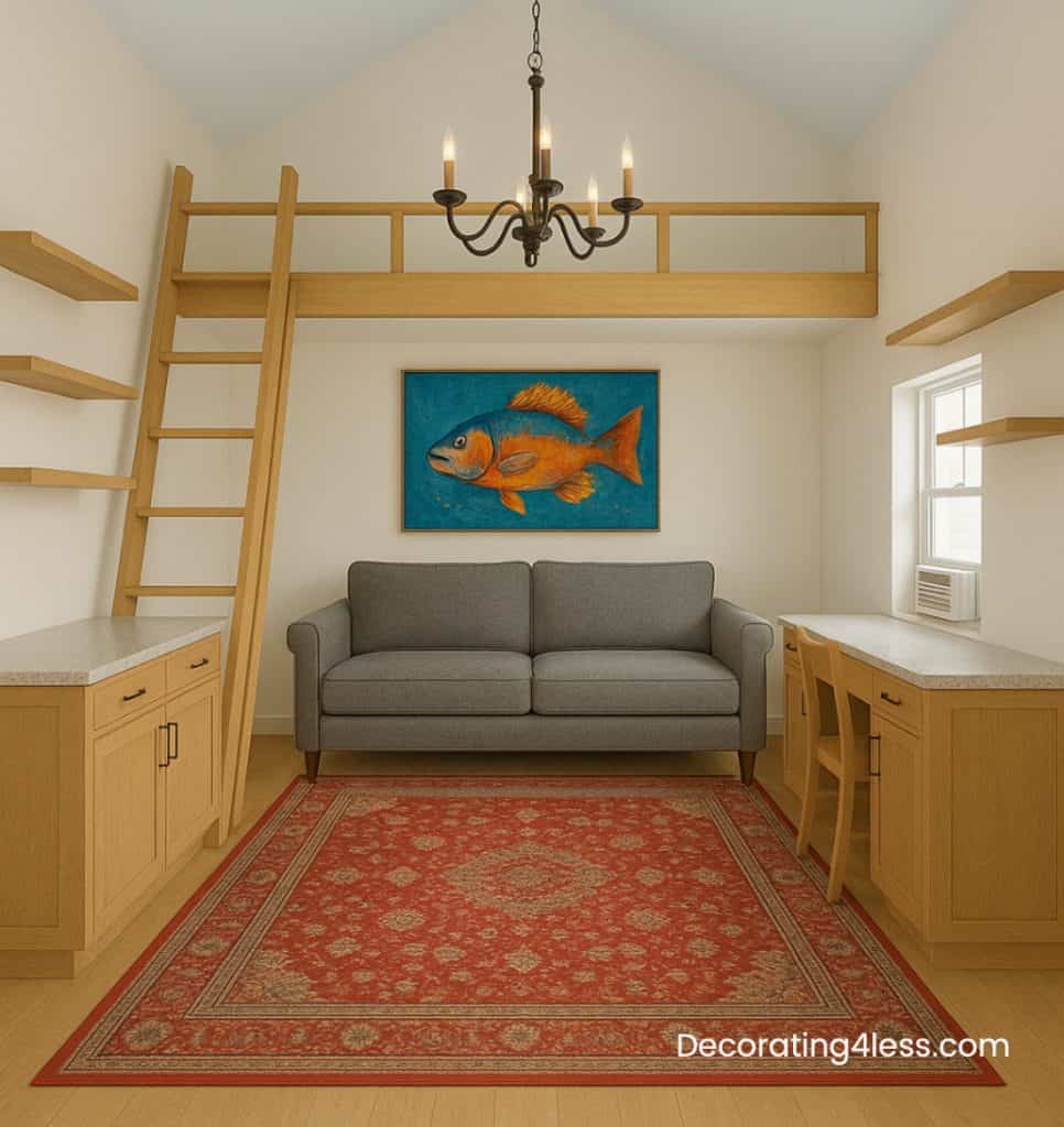 Cozy living space with a loft bed, gray sofa, wooden furniture, vibrant fish artwork, and patterned area rug, showcasing affordable home decorating ideas from Decorating for Less.